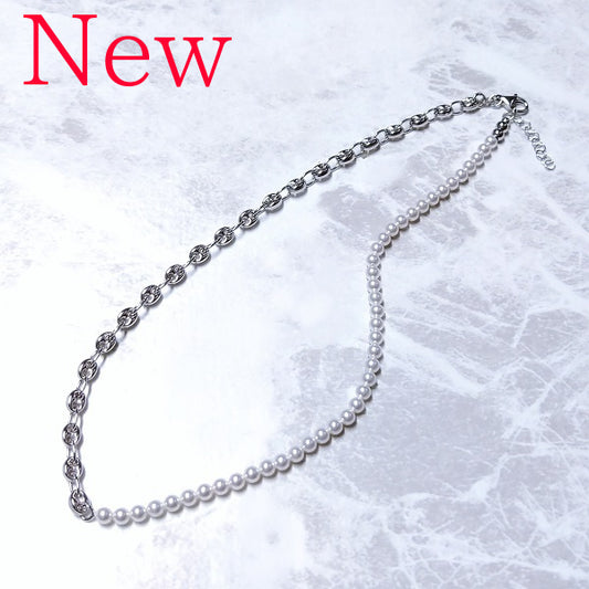 アンカーチェーン&スワロフスキーパール ハーフ&ハーフ ネックレス